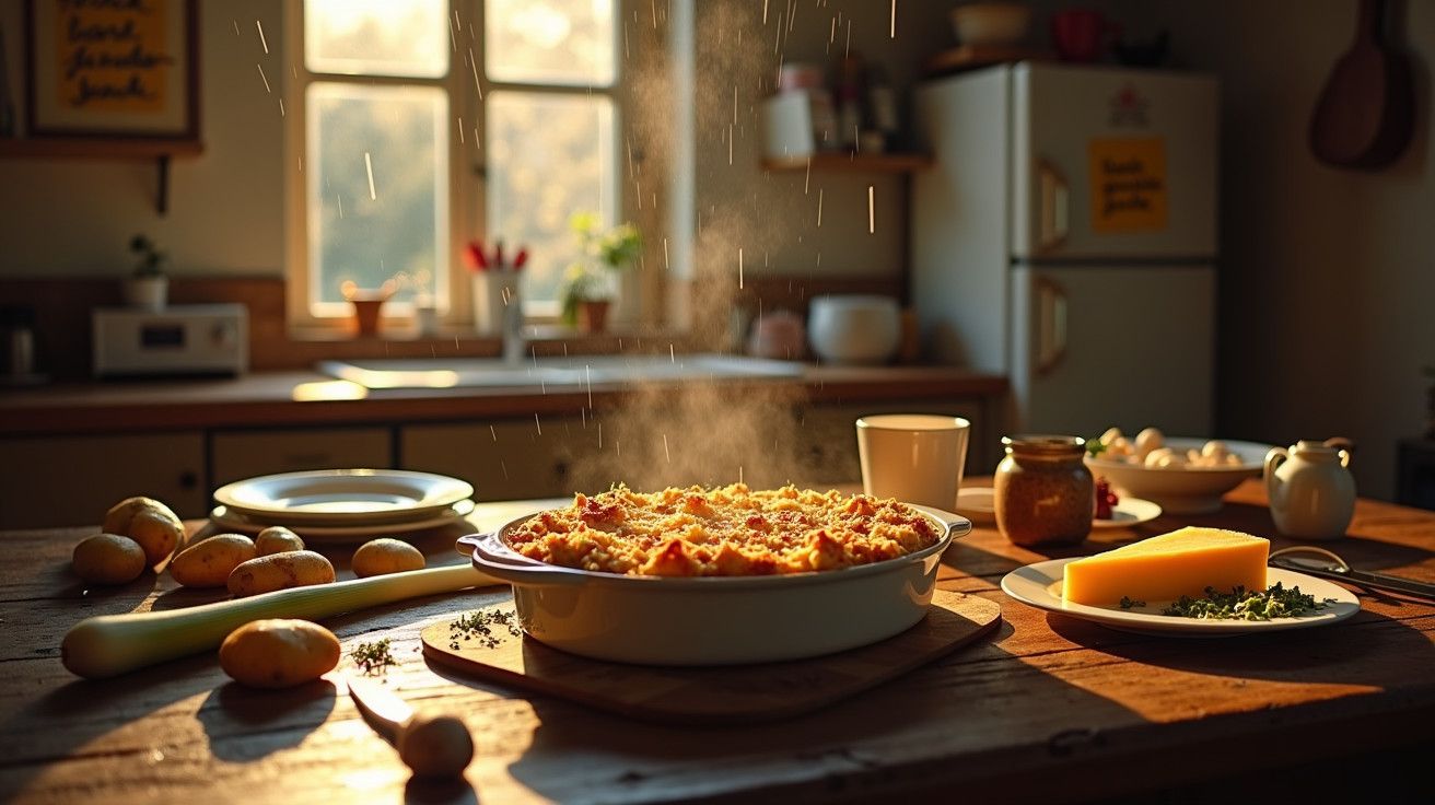 Cozinha ensolarada com travessa de puré de batata fumegante numa mesa de madeira, rodeada de ingredientes frescos.