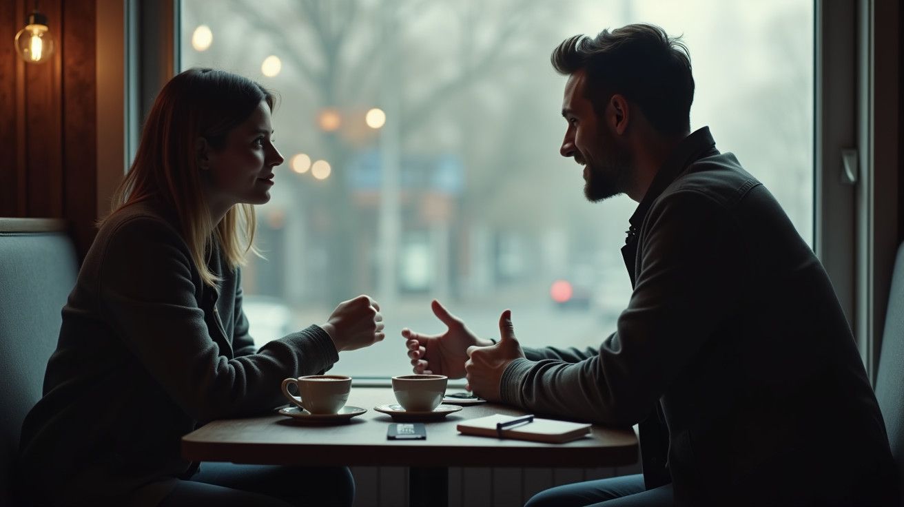 Duas pessoas a conversar num café, sentadas frente a frente, com chávenas e janelas ao fundo.