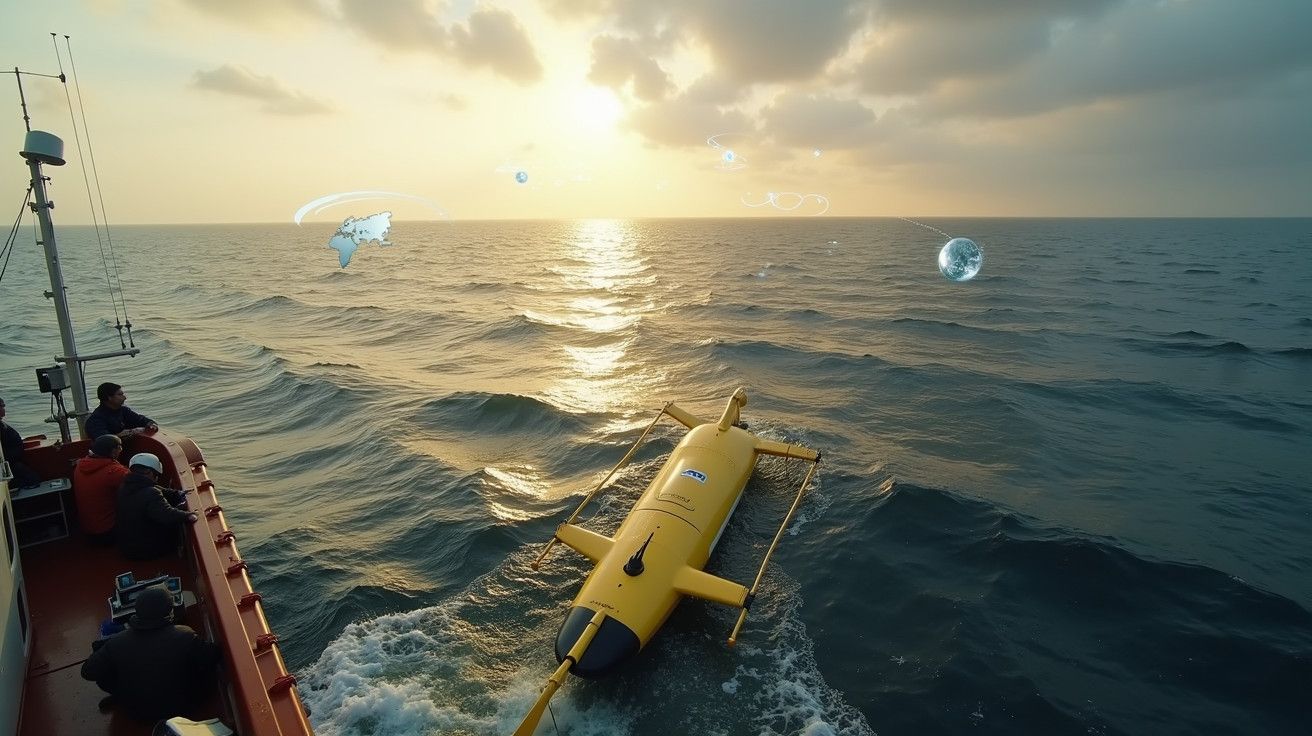 Submarino amarelo na água ao pôr do sol, com pessoas num barco à esquerda, céu parcialmente nublado ao fundo.