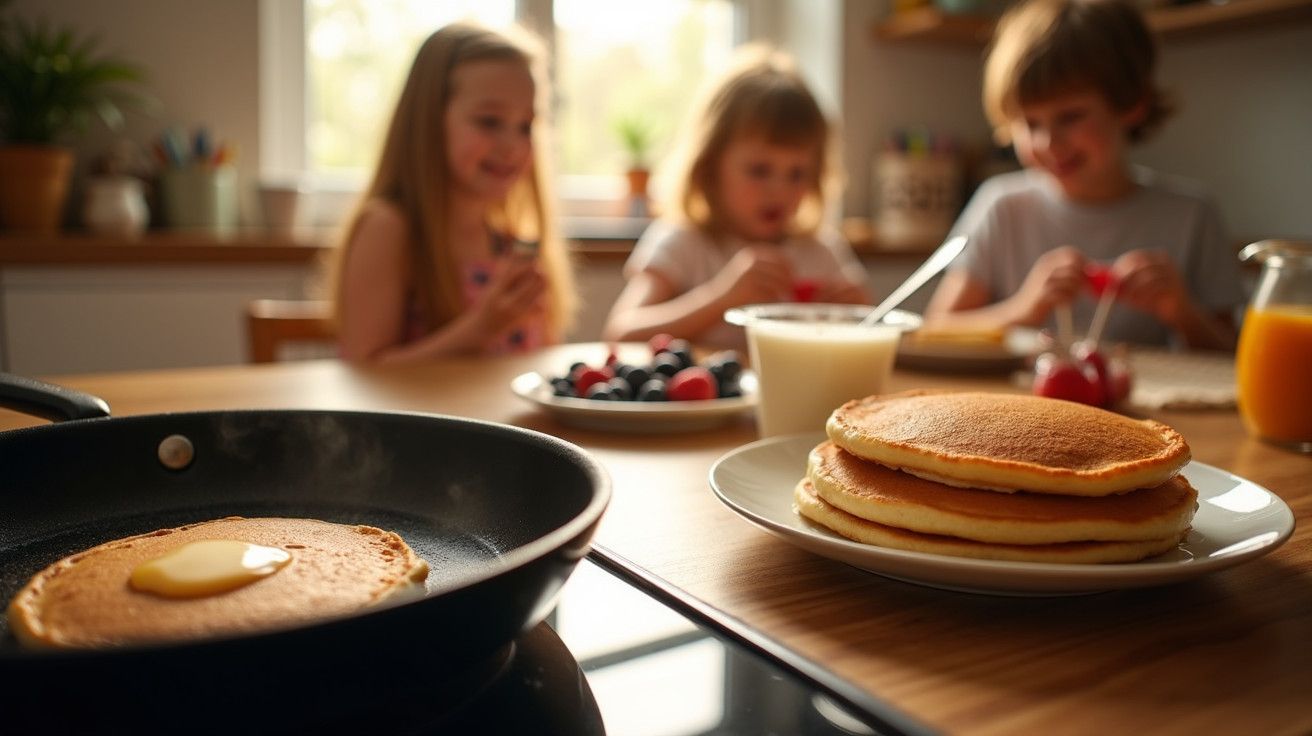 Panquecas numa frigideira e prato, com três crianças ao fundo, numa cozinha iluminada.