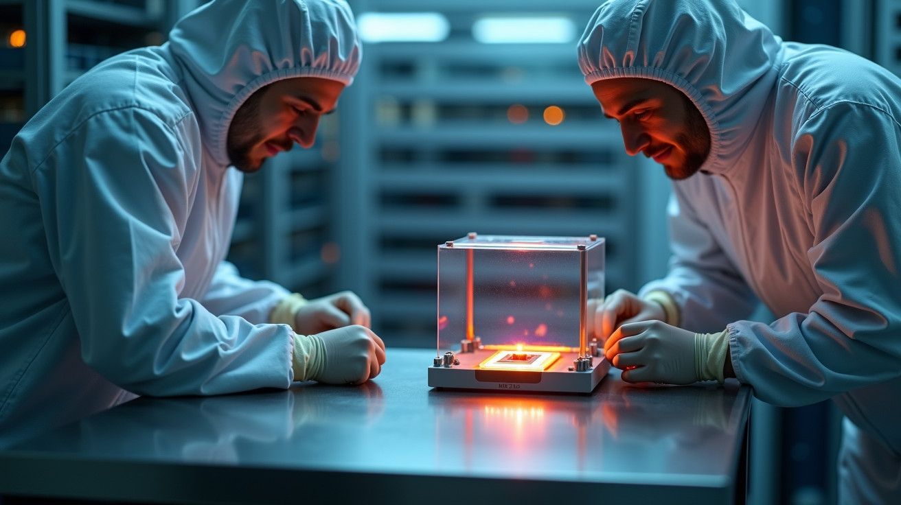 Dois cientistas em trajes de proteção analisam chip dentro de câmara iluminada em laboratório tecnológico.