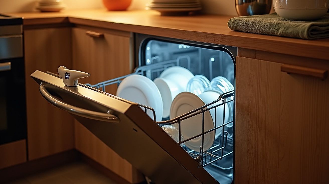 Máquina de lavar louça aberta com pratos brancos organizados no cesto, numa cozinha bem iluminada.