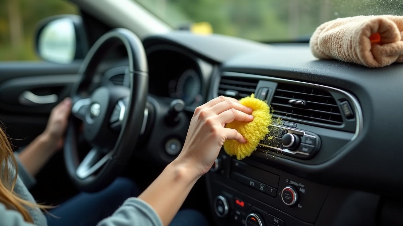 Pessoa a limpar o interior de um carro com pano amarelo, focando no painel de controlo.