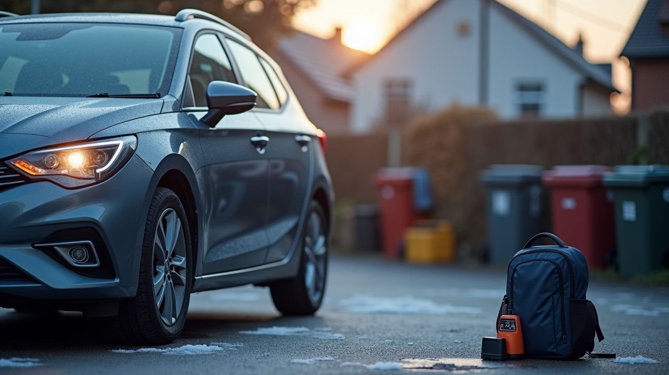 Carro estacionado ao lado de uma mochila numa rua com contentores de lixo ao fundo, ao pôr do sol.