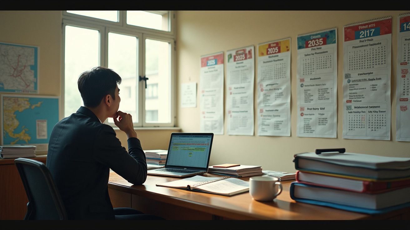 Homem de terno trabalha num escritório, com portátil e documentos na mesa, observando calendários na parede.