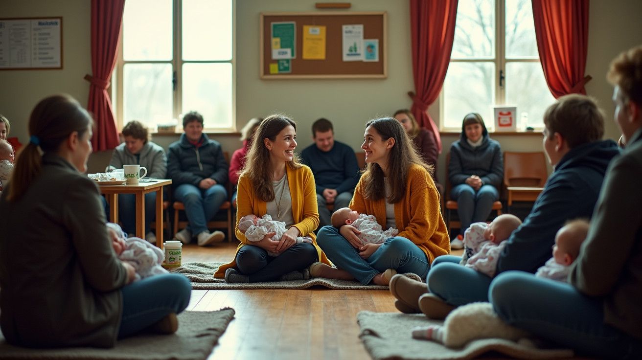 Grupo de mães com bebés sentadas em roda numa sala, a sorrir e a conversar.