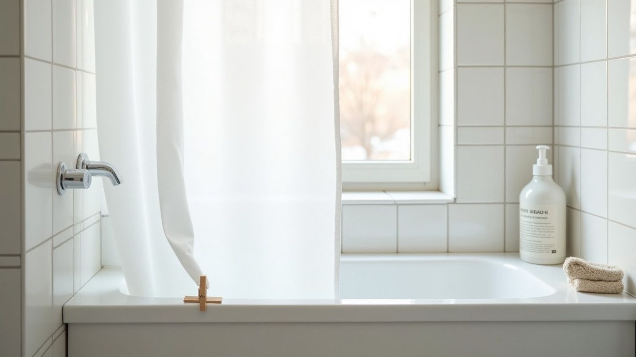 Banheira branca com cortina e janela ao fundo, sabonete líquido e toalha pequena ao lado.