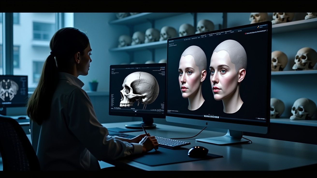 Mulher analisa imagens de crânios e recriações faciais em ecrãs de computador num laboratório.