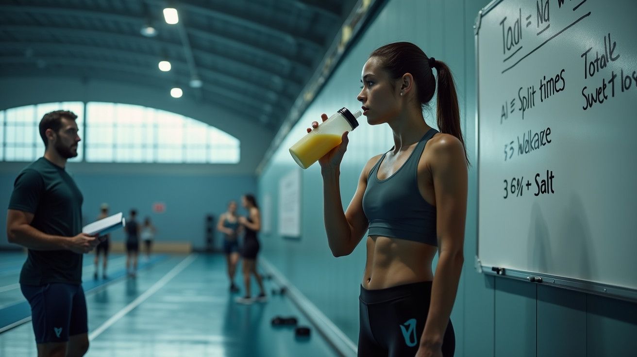 Mulher a beber água num ginásio, ao lado de um quadro com notas, enquanto outras pessoas treinam em segundo plano.