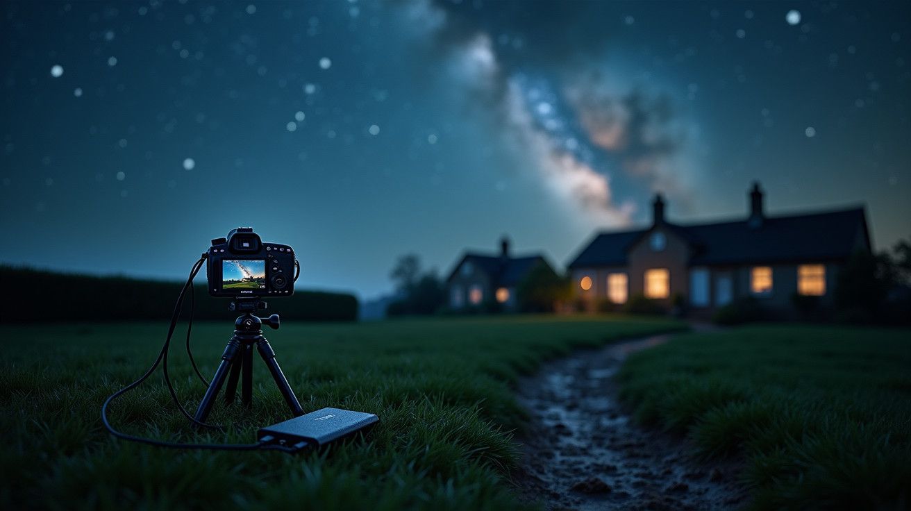 Câmara em tripé fotografa casas iluminadas à noite, com céu estrelado e a Via Láctea ao fundo.