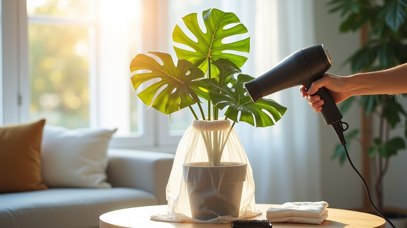 Secador de cabelo a apontar para um vaso de planta numa mesa, com sol a entrar pela janela.
