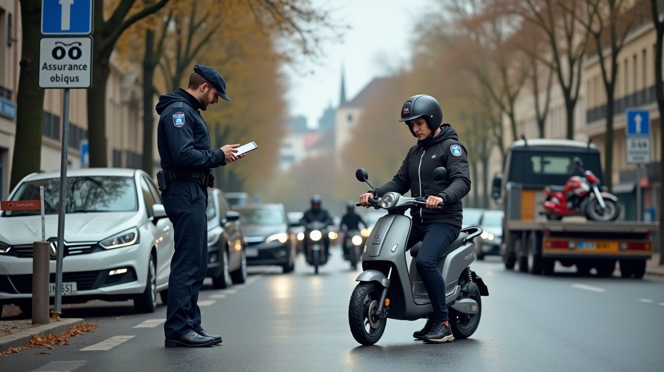 Polícia verifica documentos de um motociclista numa rua urbana, cercados por carros e árvores no outono.