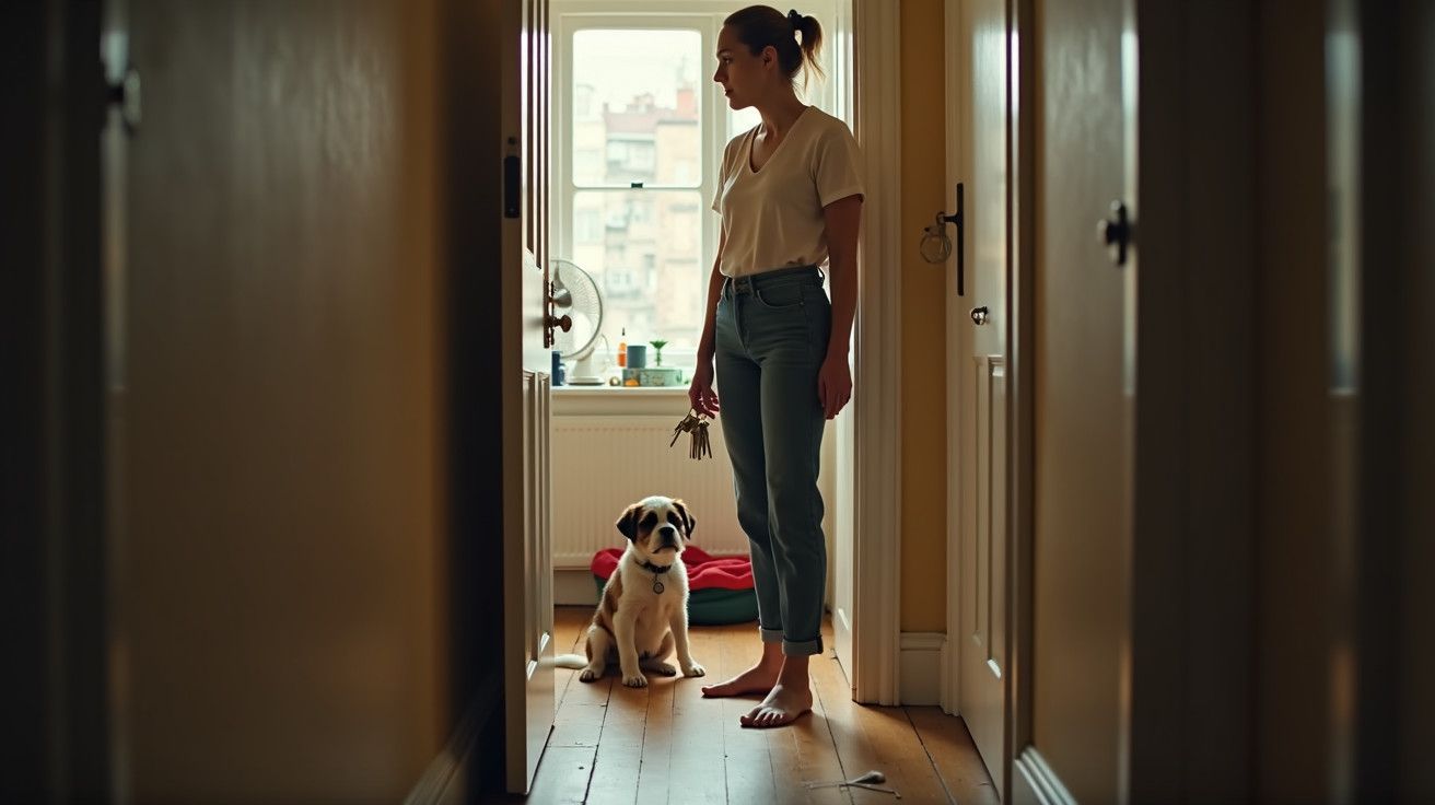 Mulher em pé num corredor com um cachorro sentado ao lado, segurando chaves, sob luz suave de janela ao fundo.