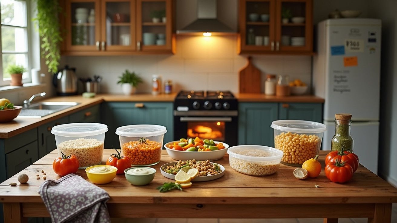 Cozinha com bancada de madeira, recipientes com grãos e legumes, variedade de tomates e ervas frescas ao redor.