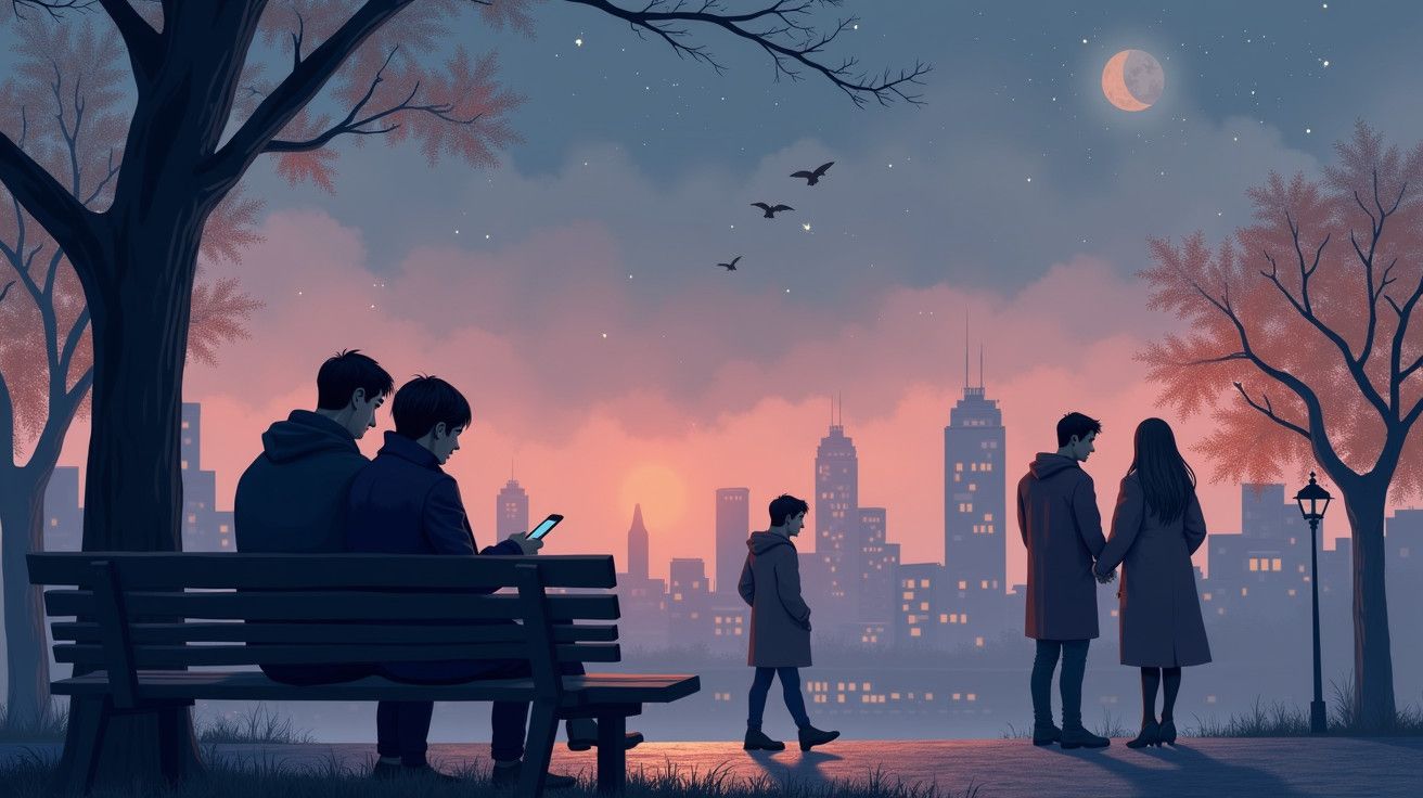 Ilustração de parque ao entardecer; casal sentado num banco e outro casal em pé com o céu estrelado e a cidade ao fundo.