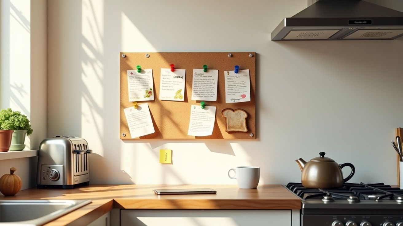 Cozinha com quadro de avisos na parede, chaleira e torradeira sobre a bancada ao lado de uma caneca branca.