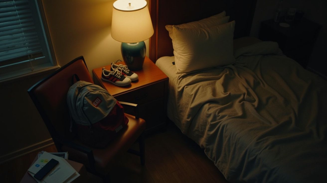 Quarto com cama desfeita, mesa de cabeceira com candeeiro, ténis e mochila sobre cadeira, à luz suave.