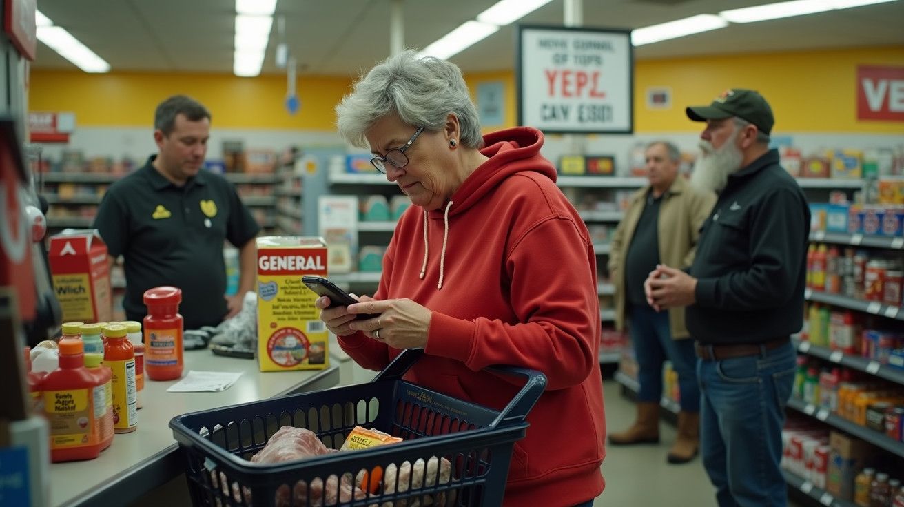 Mulher idosa com casaco vermelho verifica o telemóvel numa mercearia, com cesto de compras e clientes ao fundo.
