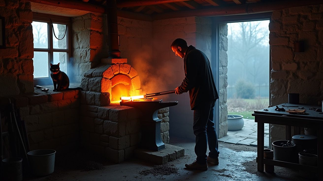 Ferreiro manipulando metais numa forja iluminada, com um gato preto sentado no parapeito da janela ao lado.