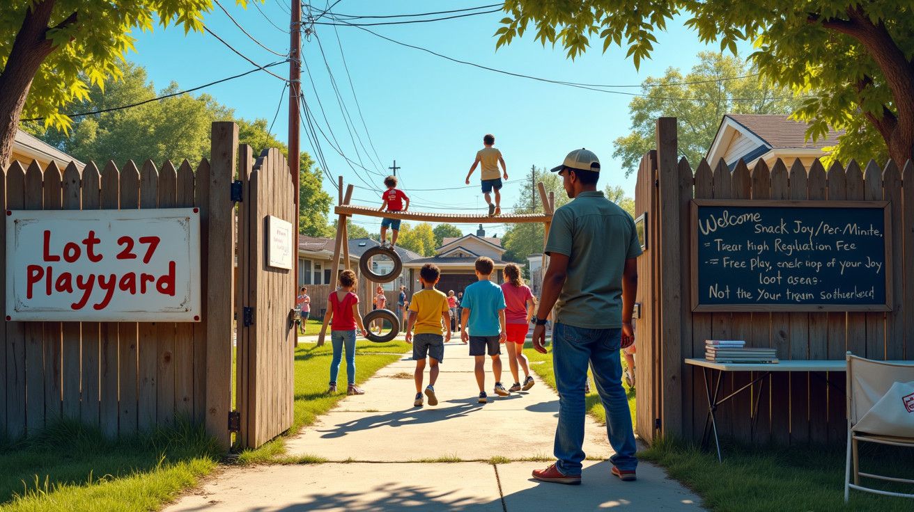 Homem observa crianças a brincar em parque com baloiço de pneus e placa que diz "Lot 27 Playyard".