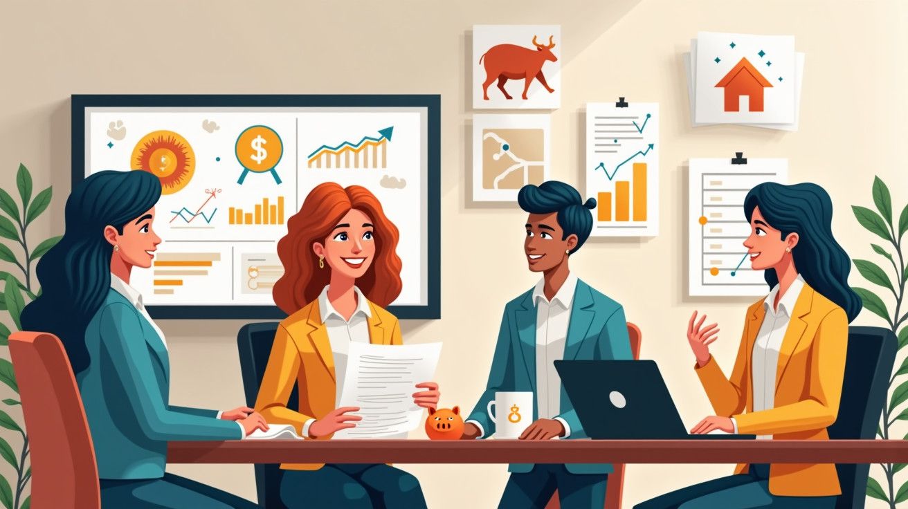 Quatro pessoas discutem gráficos numa sala de reunião, com plantas e quadros de dados ao fundo.