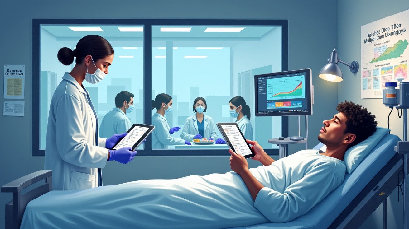 Paciente numa cama de hospital, olhando para tablet, enquanto médica segura outro. Equipa médica em discussão na sala ao fund