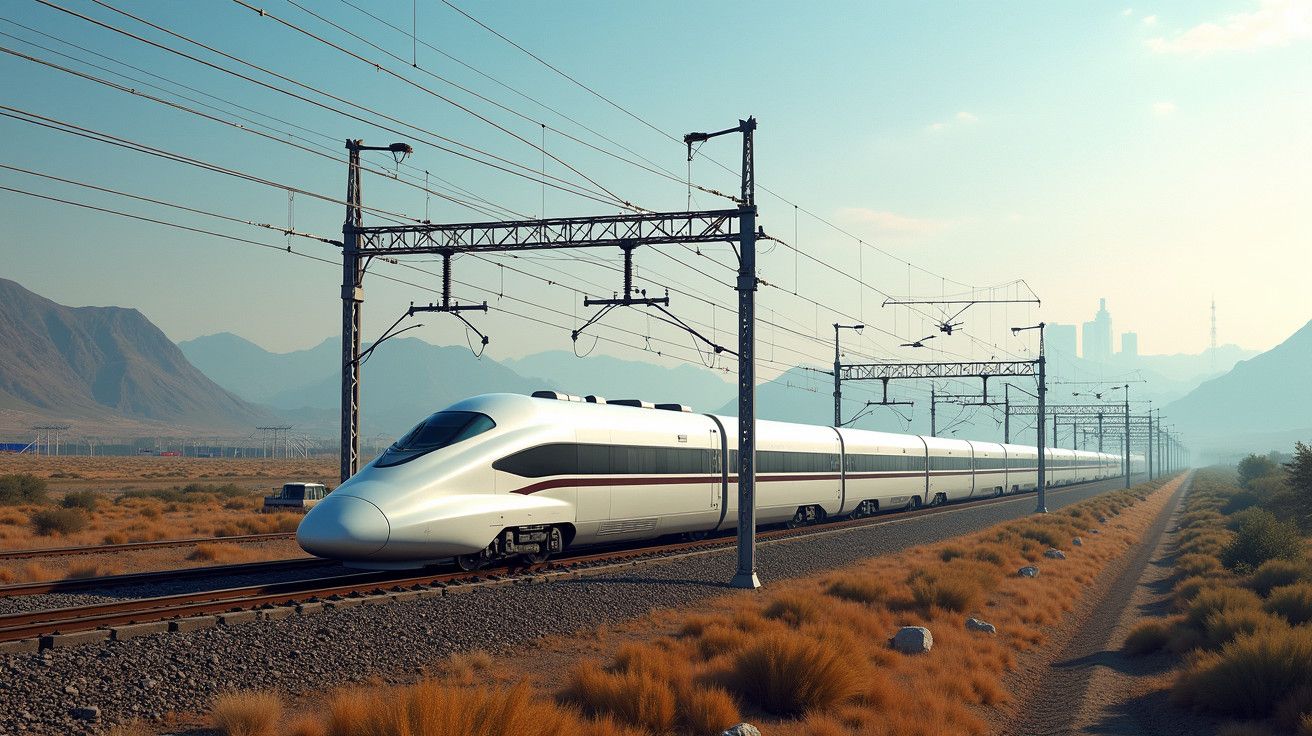 Comboio de alta velocidade a circular numa paisagem desértica, com montanhas ao fundo e linhas elétricas acima.