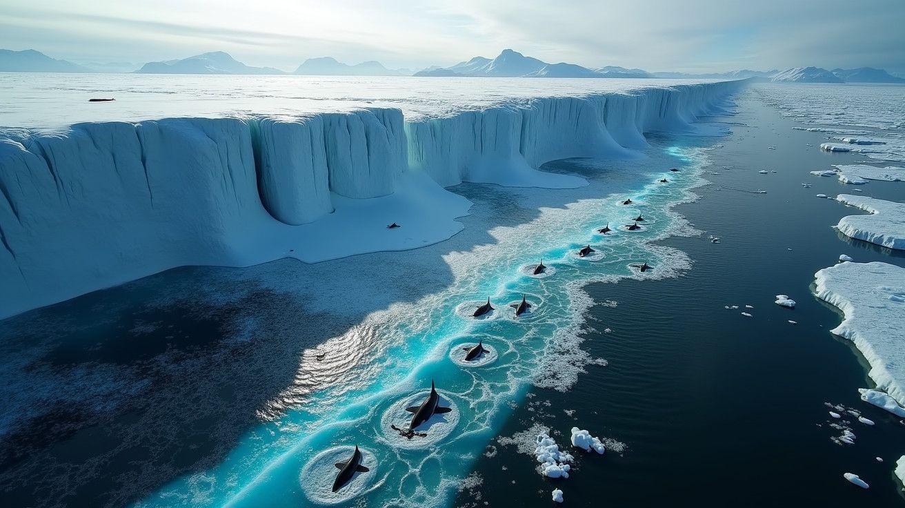 Orcas nadam em fila ao lado de uma imensa parede de gelo no oceano Ártico, com montanhas ao fundo.