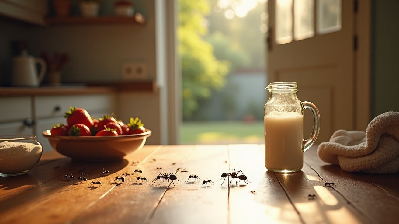 Formigas numa mesa de madeira, perto de leite e fruta, com porta aberta ao fundo.