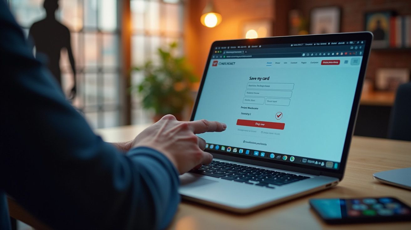 Pessoa usa portátil para efetuar pagamento online numa página de checkout, com luz suave ao fundo.