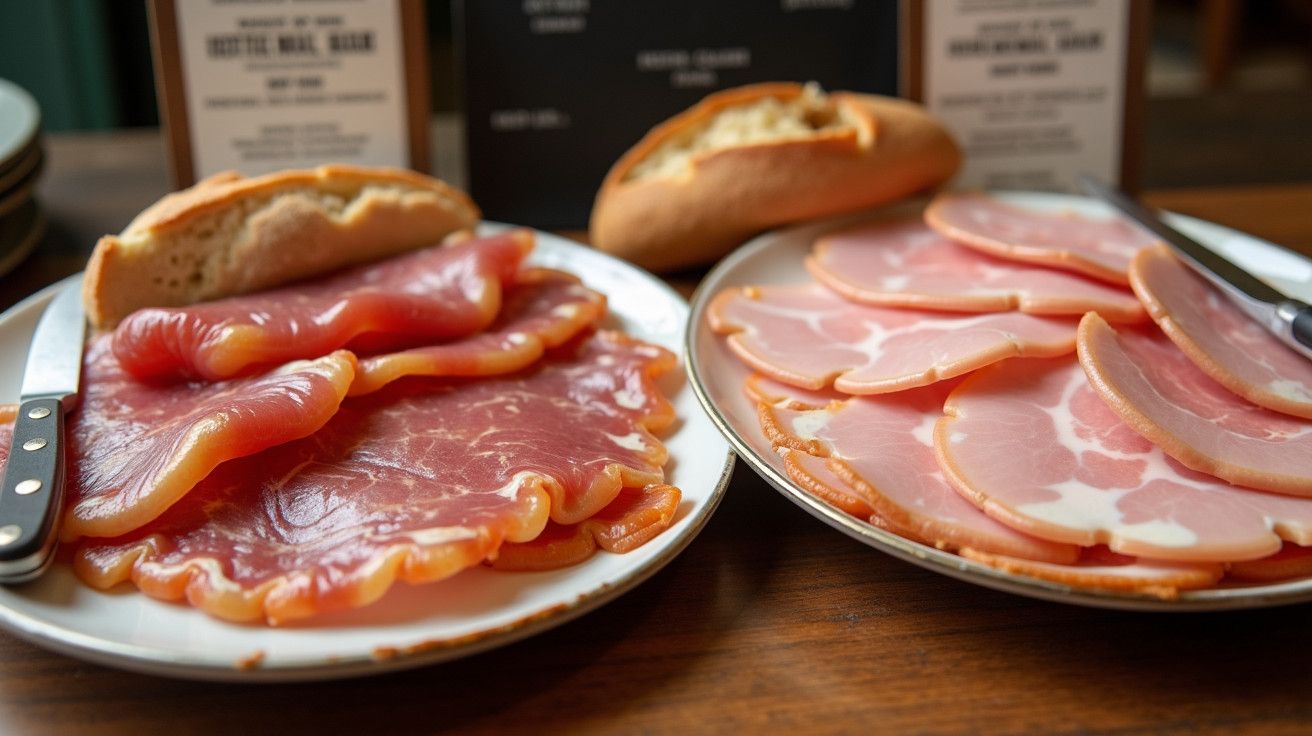 Duas travessas com presunto e fiambre fatiados, acompanhados de pão, sobre uma mesa de madeira.