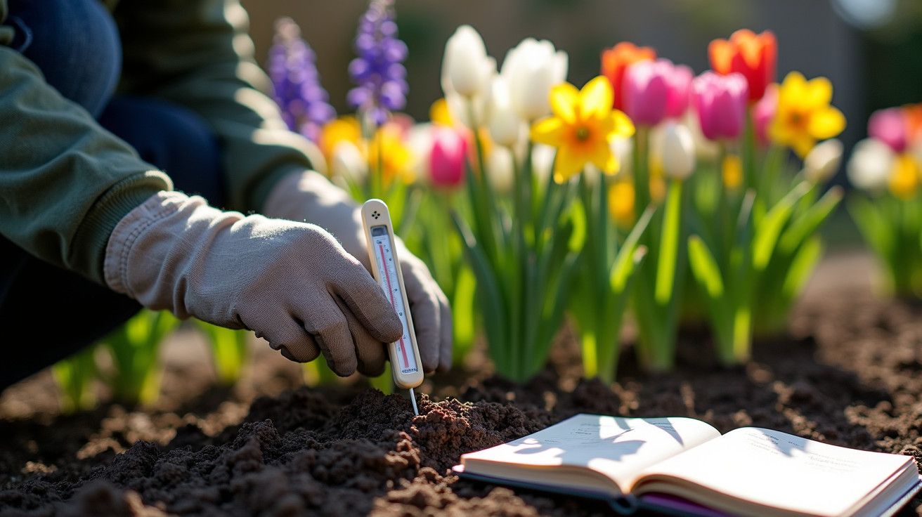 Pessoa a medir a temperatura do solo num jardim florido, com um livro aberto ao lado.