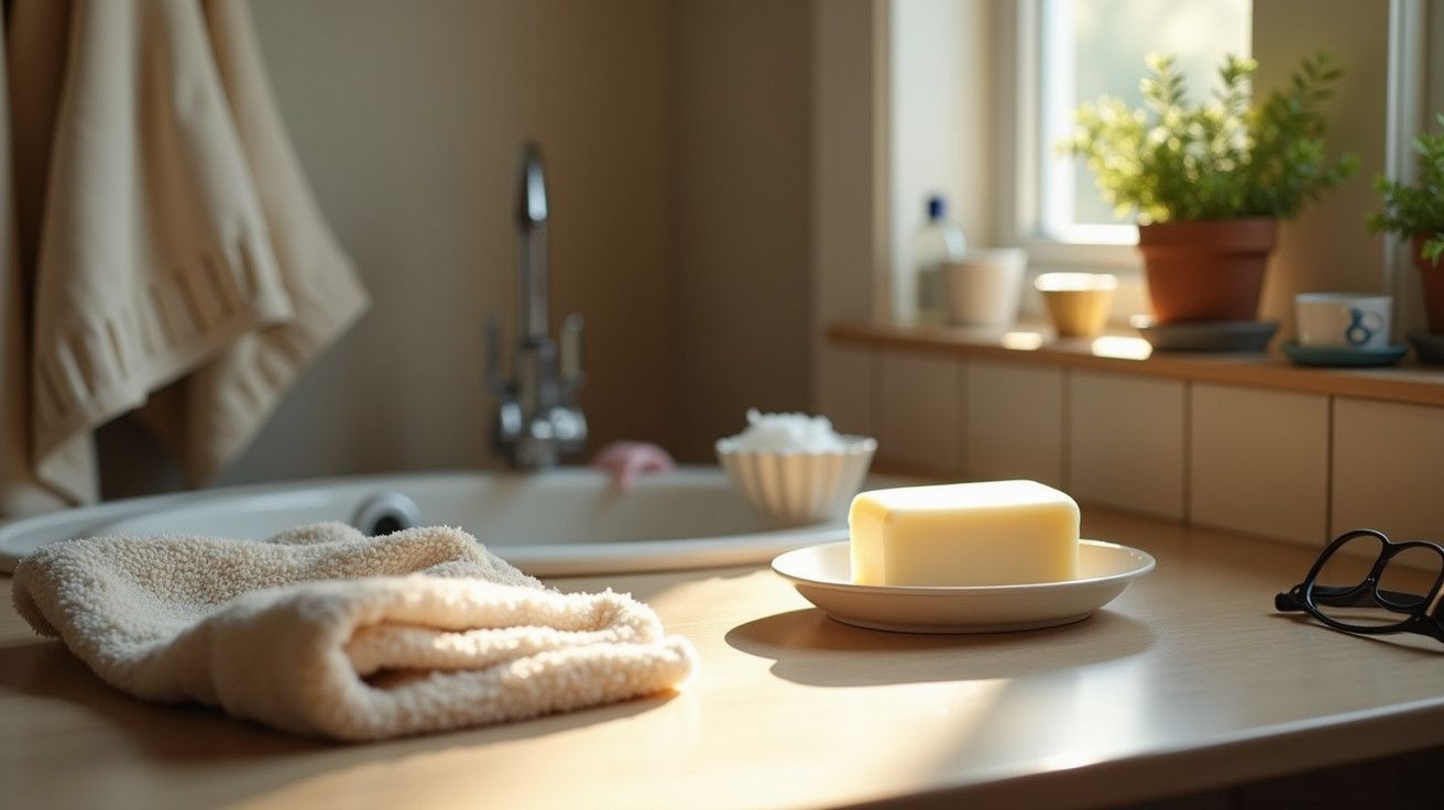 Toalhas e sabão em prato branco sobre bancada de madeira iluminada pelo sol numa casa de banho.