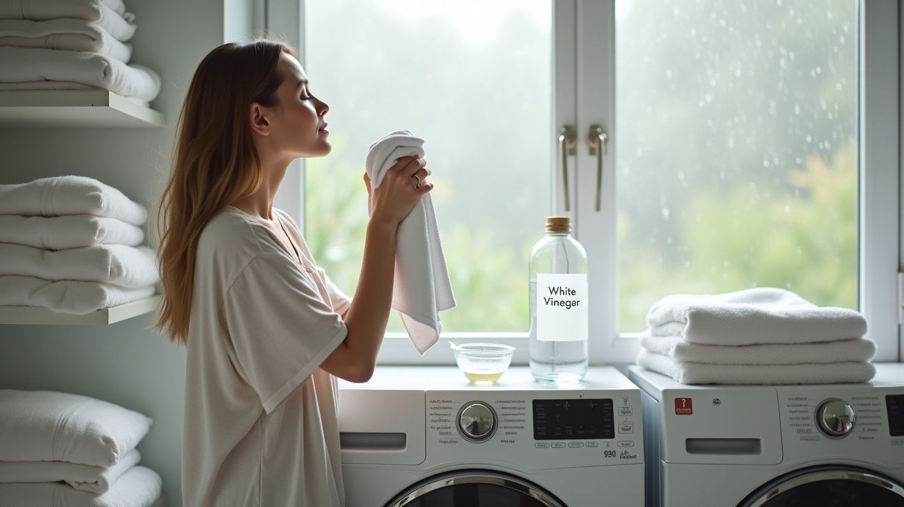 Mulher aprecia a suavidade de toalha, ao lado de máquina de lavar e frasco de vinagre, com janela ao fundo.