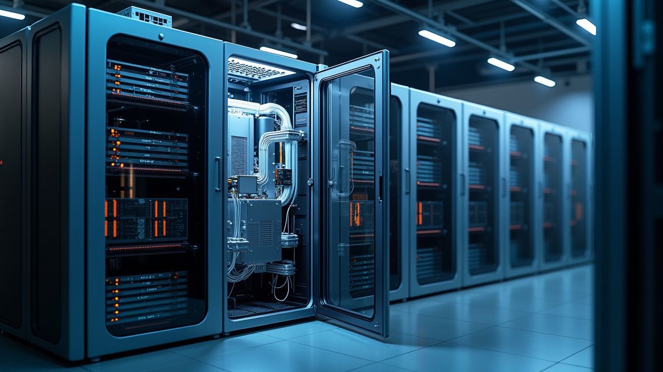 Sala de servidores de data center com um armário aberto, mostrando equipamento de rede iluminado.