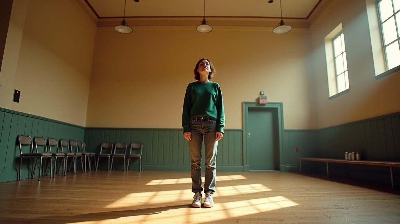 Mulher de pé sozinha numa sala vazia, com luz solar a entrar pelas janelas.