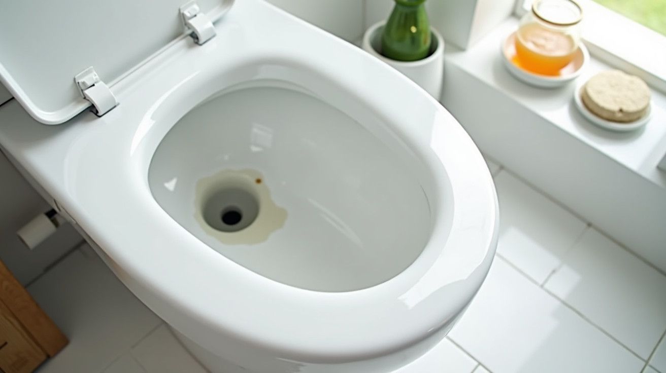 Sanita branca com tampa levantada em casa de banho iluminada, com itens decorativos na janela.