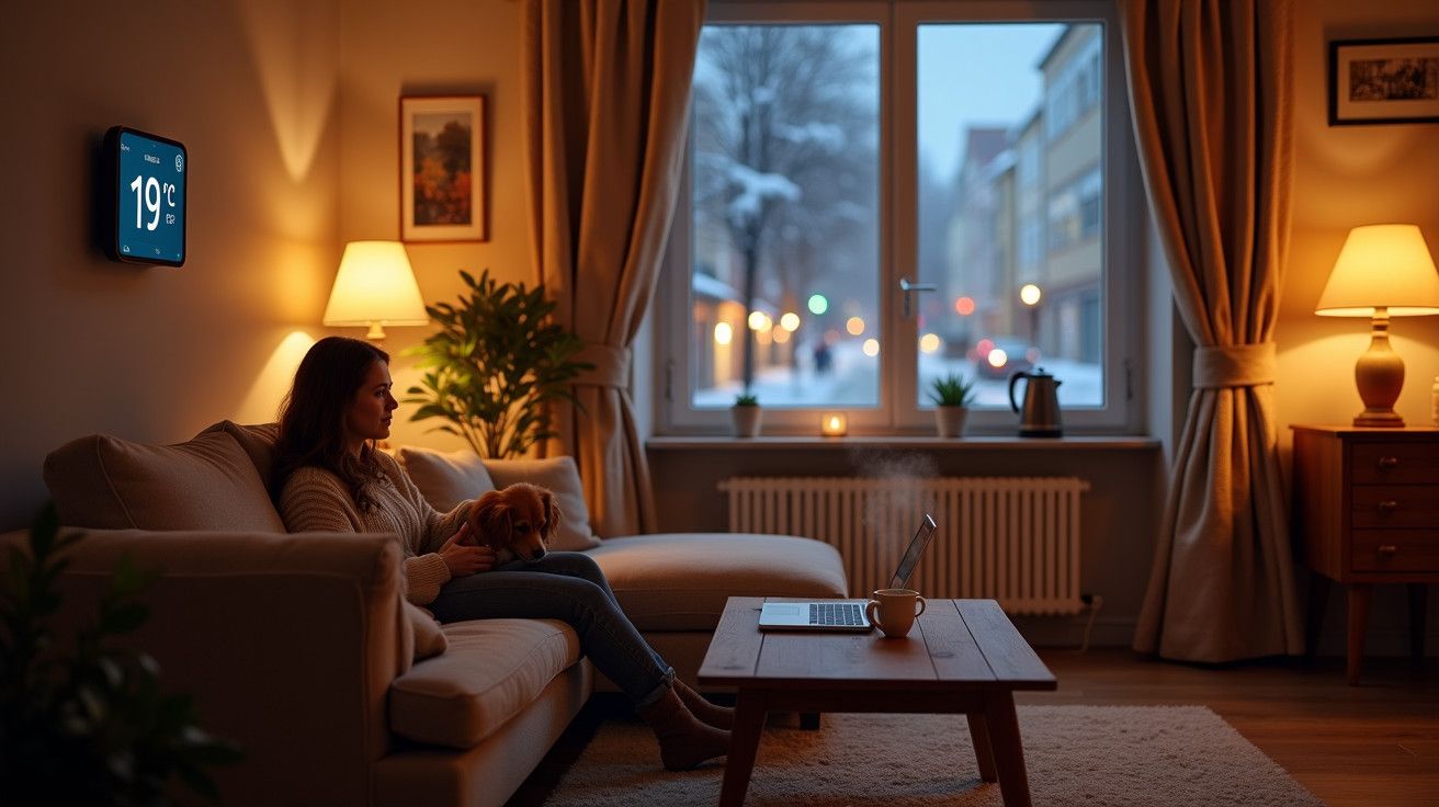 Mulher sentada no sofá com cão num ambiente acolhedor; temperatura do quarto é de 19°C.
