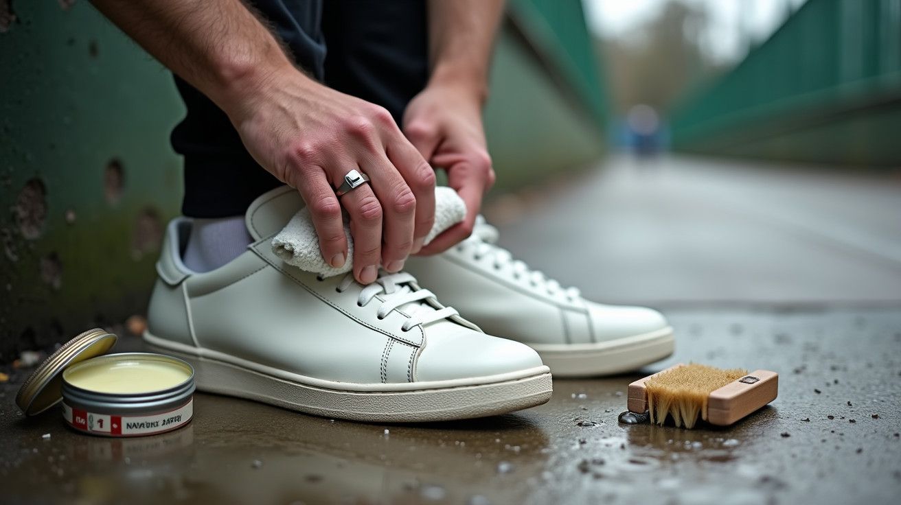 Pessoa a limpar ténis brancos com escova e creme, em ponte molhada.