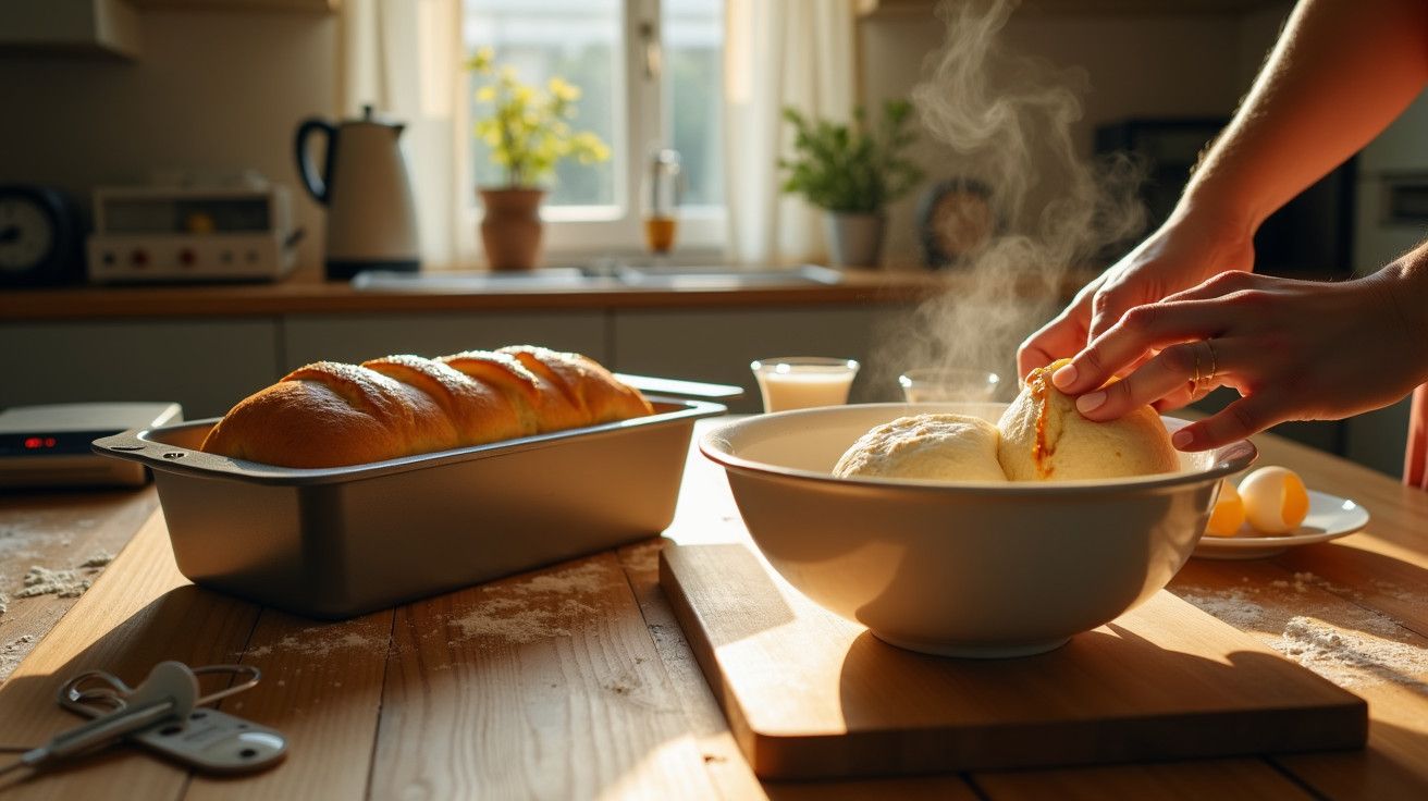 Mãos amassando massa numa tigela, com pão acabado de cozer ao lado numa cozinha iluminada pelo sol.