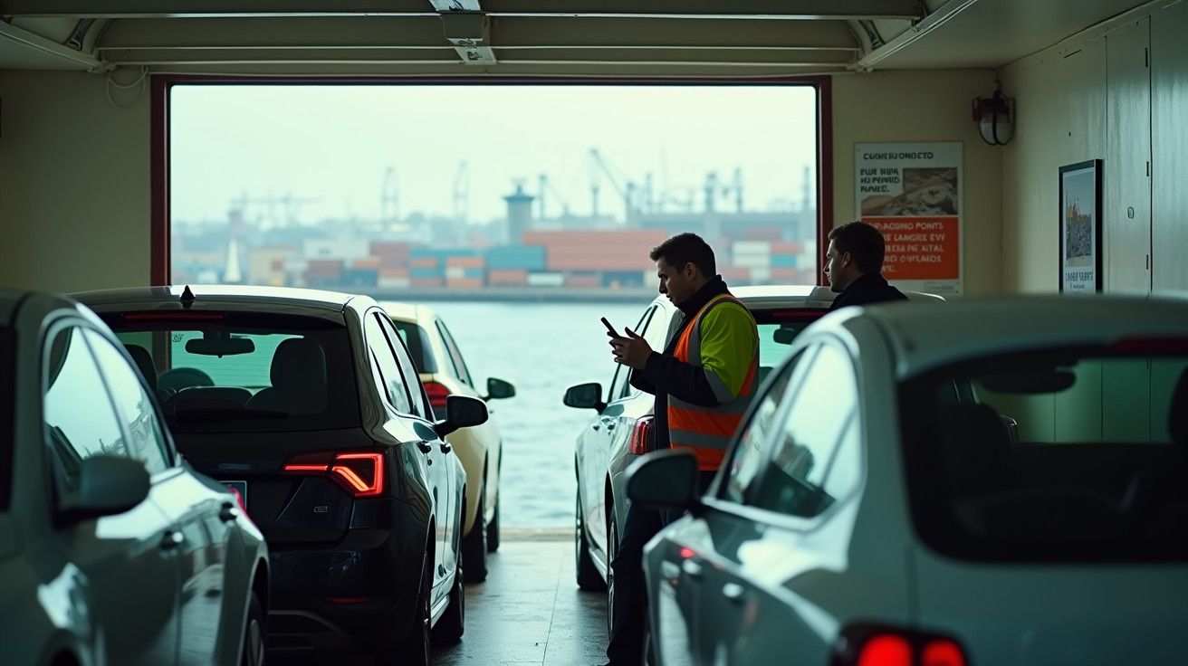 Homem de colete refletor num ferry com carros, verificando o telemóvel. Porto com contentores ao fundo.