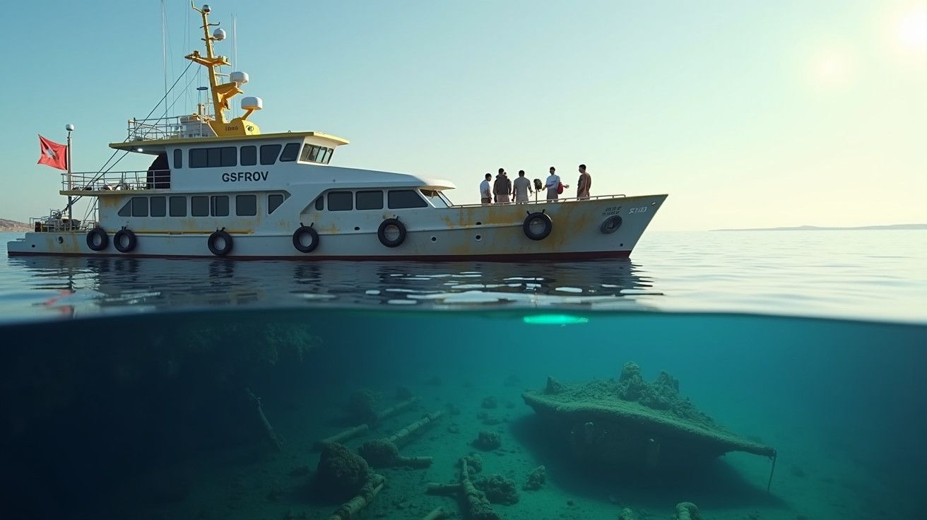 Barco com tripulantes no mar, com um navio naufragado visível debaixo d'água sob uma luz solar suave.