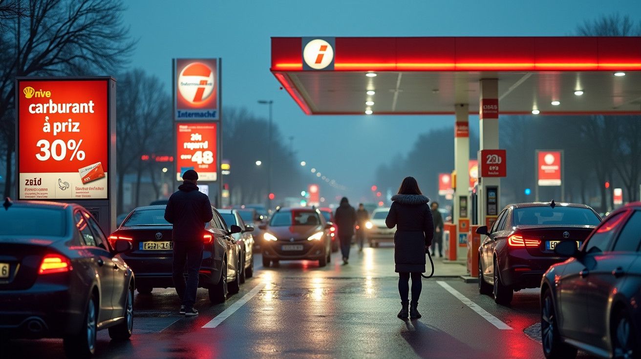 Posto de combustível à noite com carros alinhados; pessoas caminham; letreiro anuncia desconto de 30%.