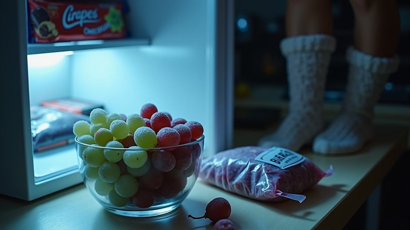 Tigela de uvas geladas e saco de framboesas numa mesa à frente de um mini-frigorífico aberto à noite.
