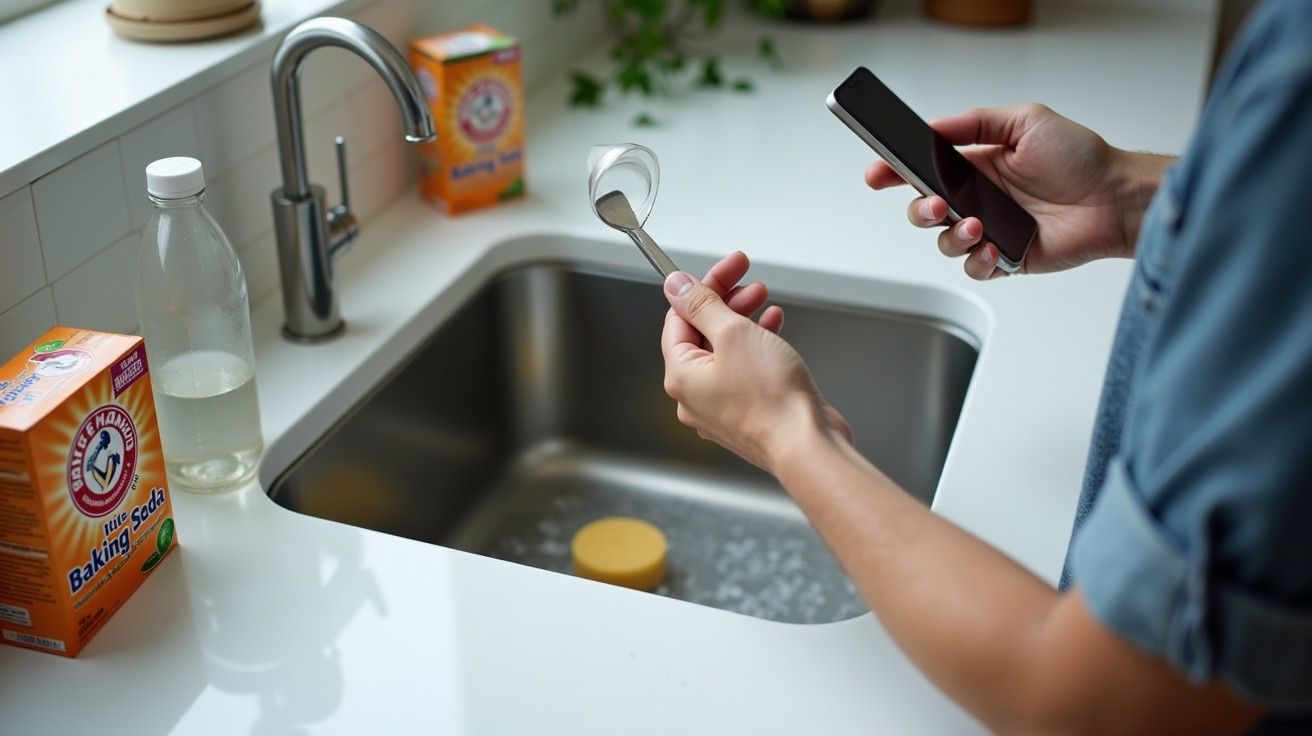 Pessoa segurando uma colher e um telemóvel ao lado de uma pia com bicarbonato de sódio e água a ferver.