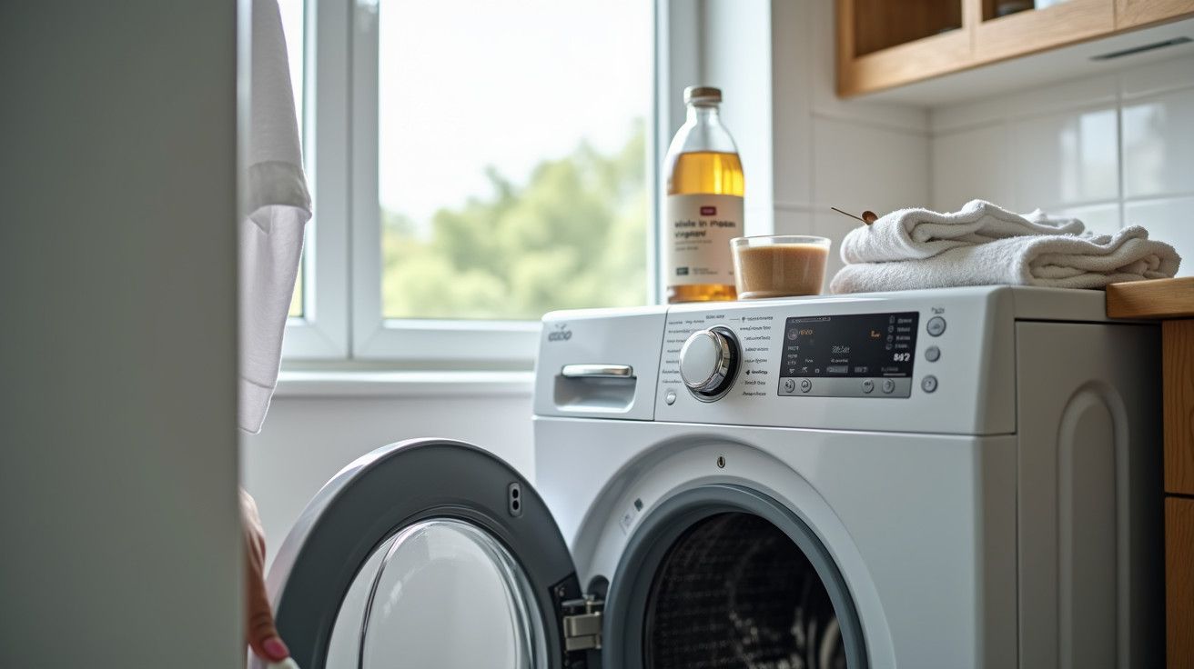 Máquina de lavar roupa aberta com toalhas dobradas e detergente ao lado, luz natural a entrar pela janela.