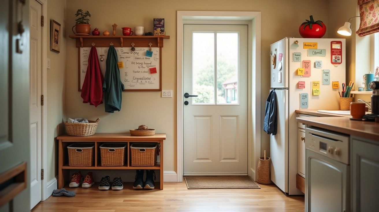 Cozinha organizada com porta para o exterior, frigorífico com ímanes coloridos e prateleira com cabides e cestos.