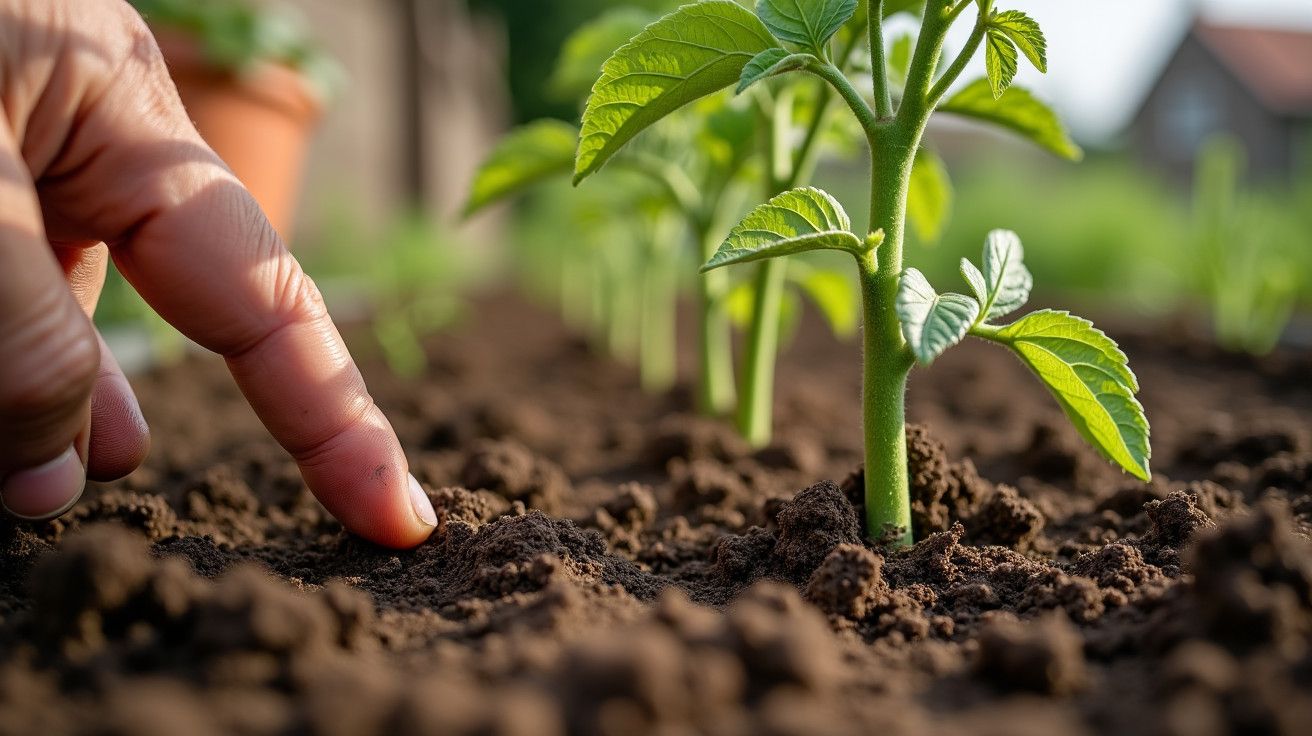 Mão toca solo próximo a planta jovem em horta, em ambiente ensolarado.