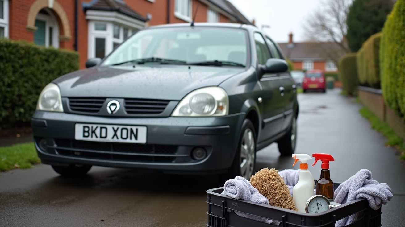 Carro estacionado em rua residencial molhada, com caixa de limpeza cheia de garrafas e panos em primeiro plano.
