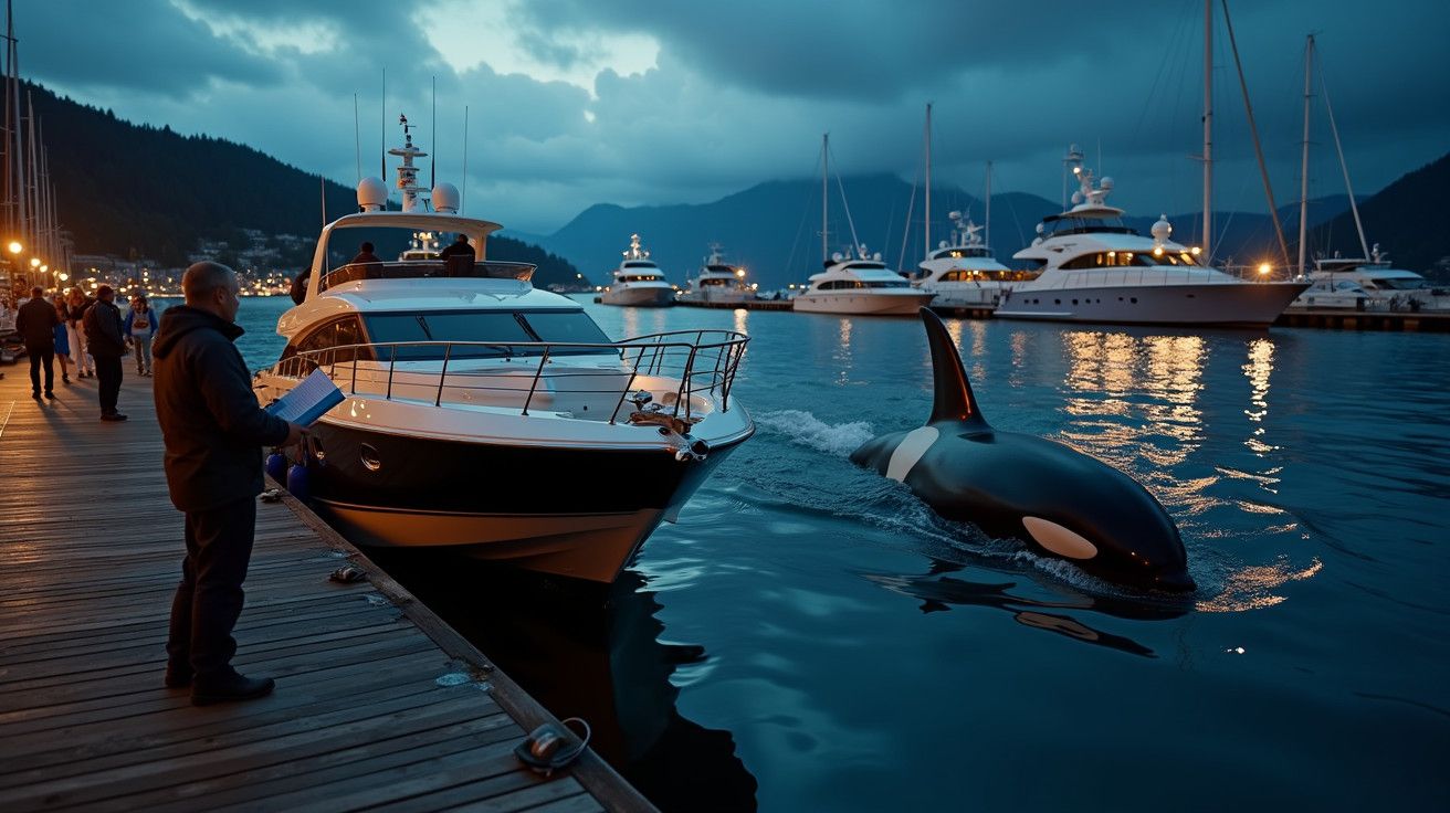 Orca a nadar ao lado de um iate num porto iluminado ao entardecer, com montanhas ao fundo.